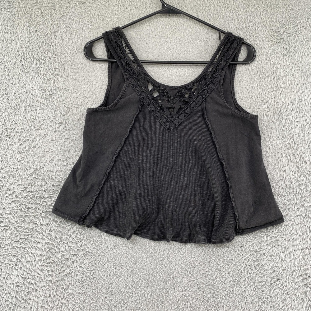 Free People Tank Womens XS Gray Crochet Neck Cropped Boho Festival Grunge